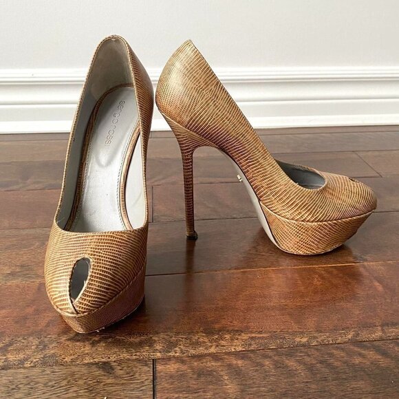 Sergio Rossi Beige Tan Snakeskin 5" Stiletto High Heels Peep Toe EUR 37.5 US 7 - Picture 3 of 6